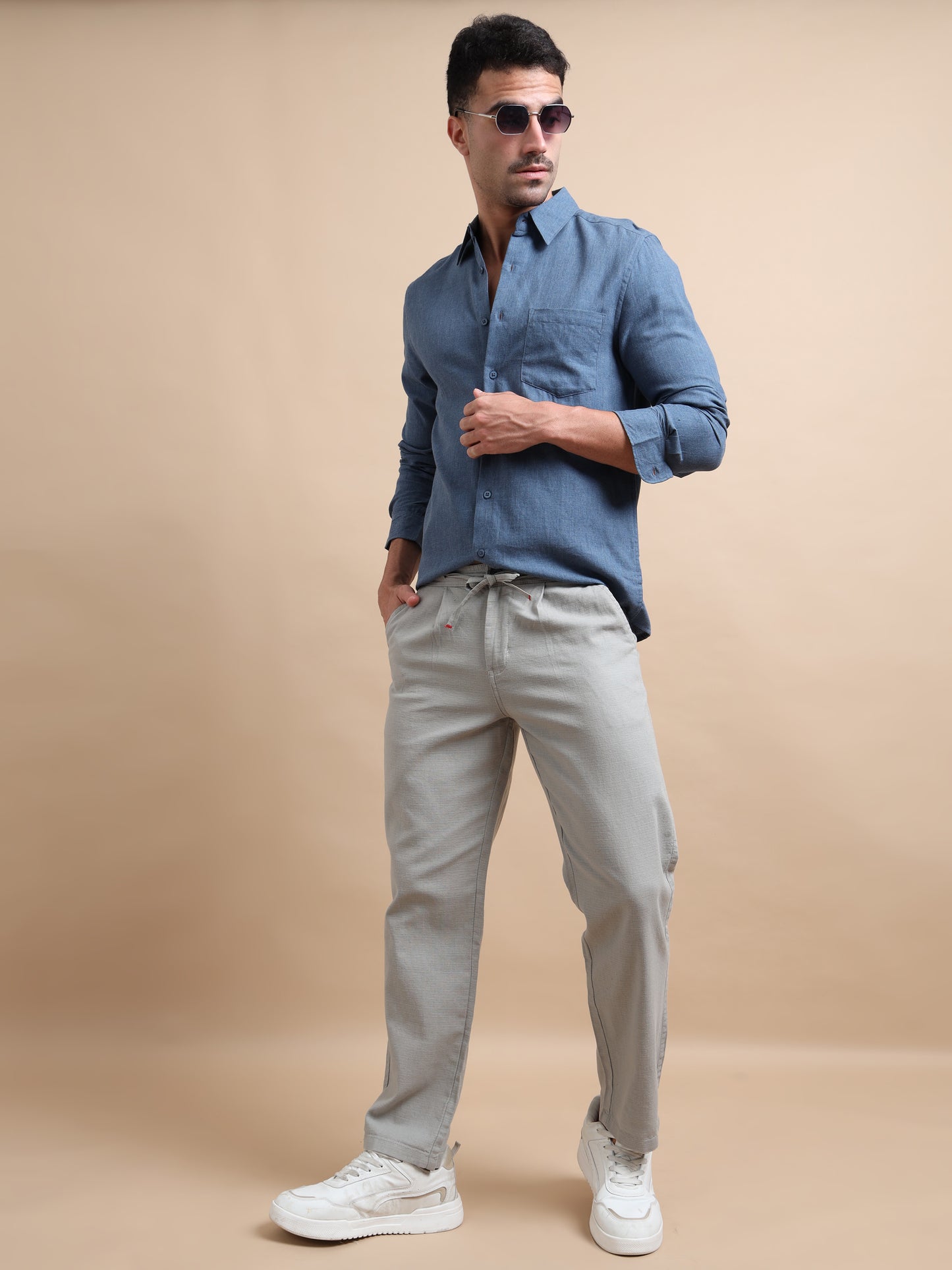 Natural Pleated Grey Trousers for Mens