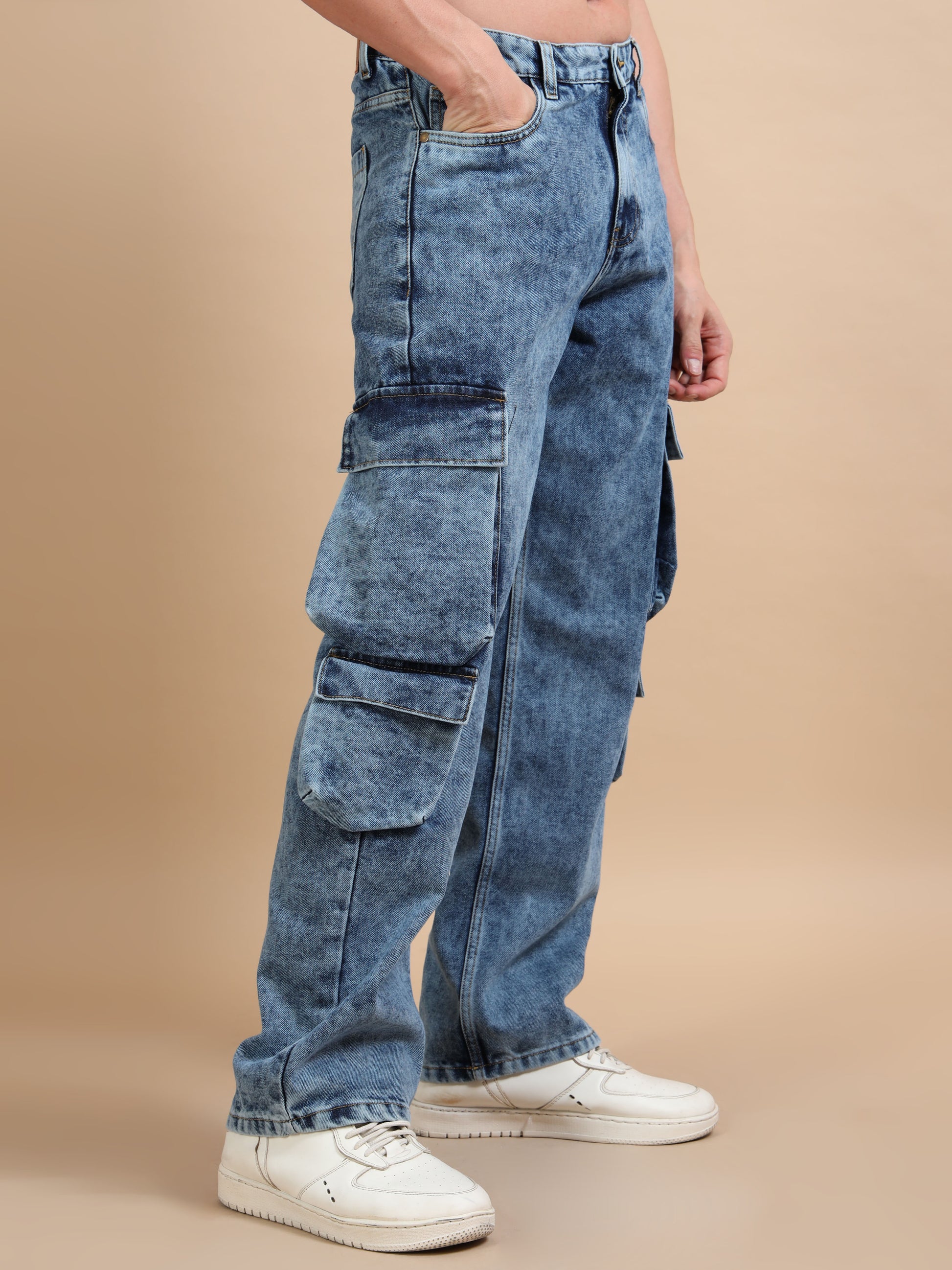 Blue Acid Wash 8-Pocket Denim Cargo Jeans for Men