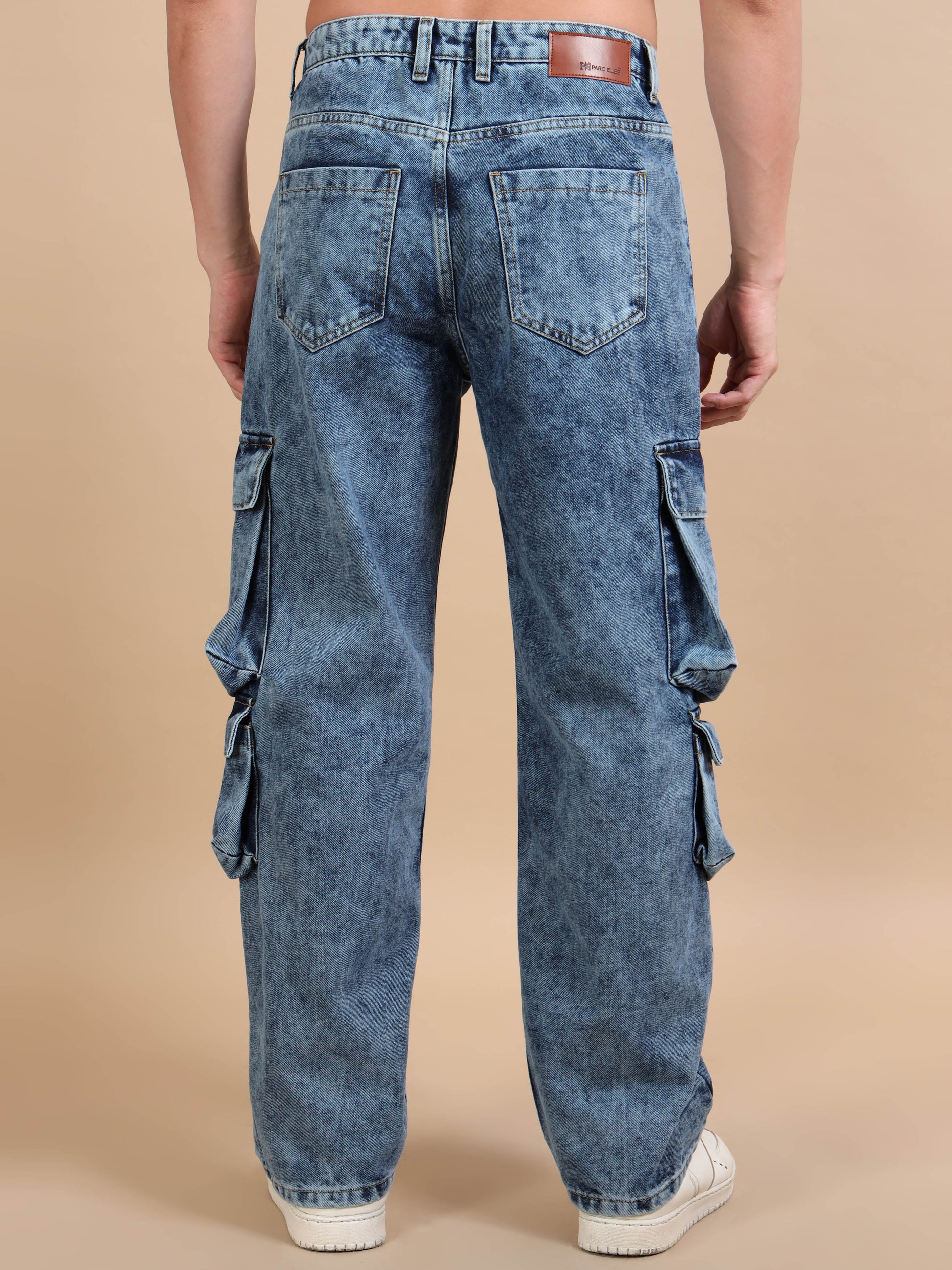 Blue Acid Wash 8-Pocket Denim Cargo Jeans for Men
