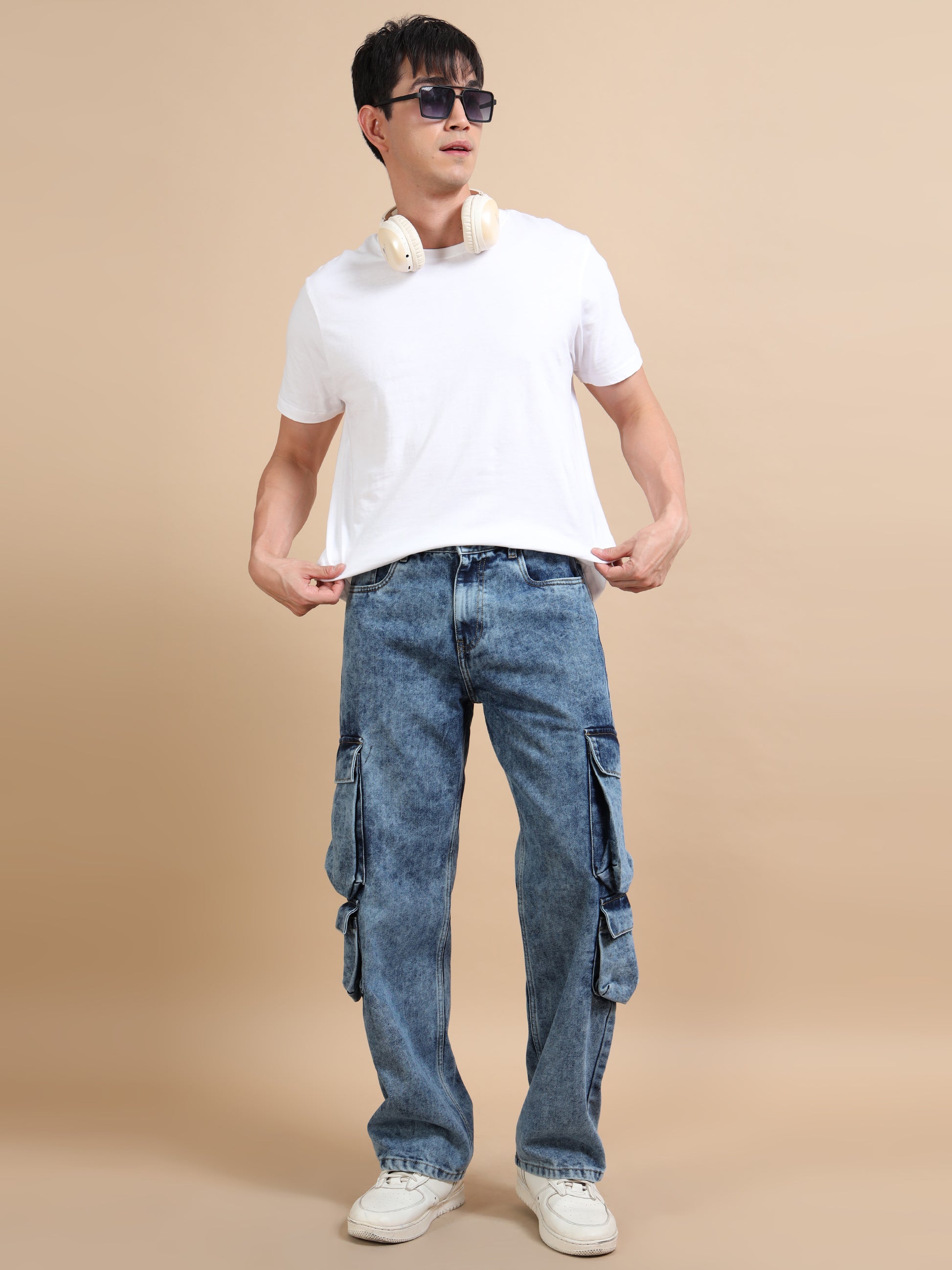 Blue Acid Wash 8-Pocket Denim Cargo Jeans for Men