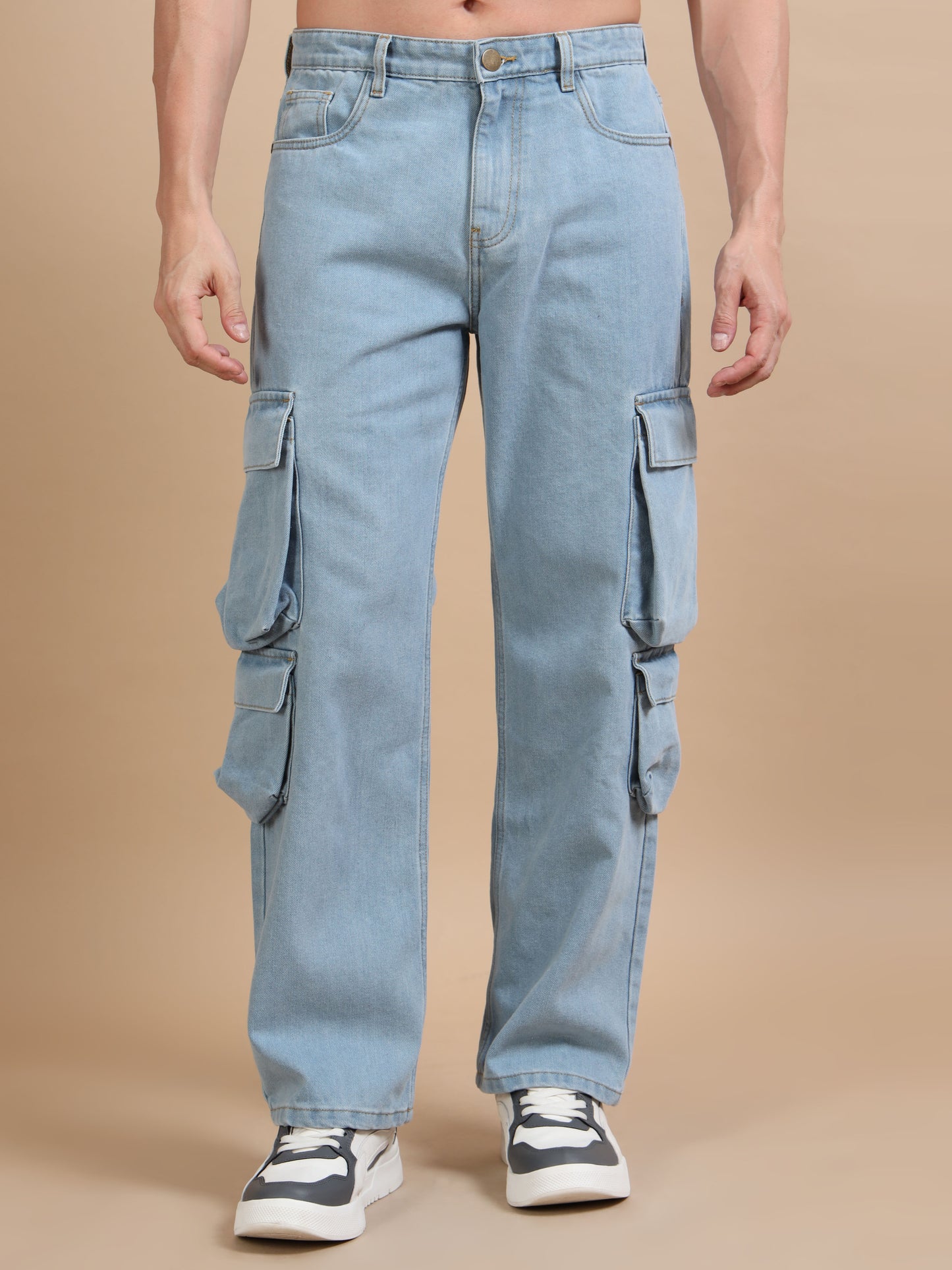 Light Blue 8-Pocket Denim Relaxed Fit Cargo Pants