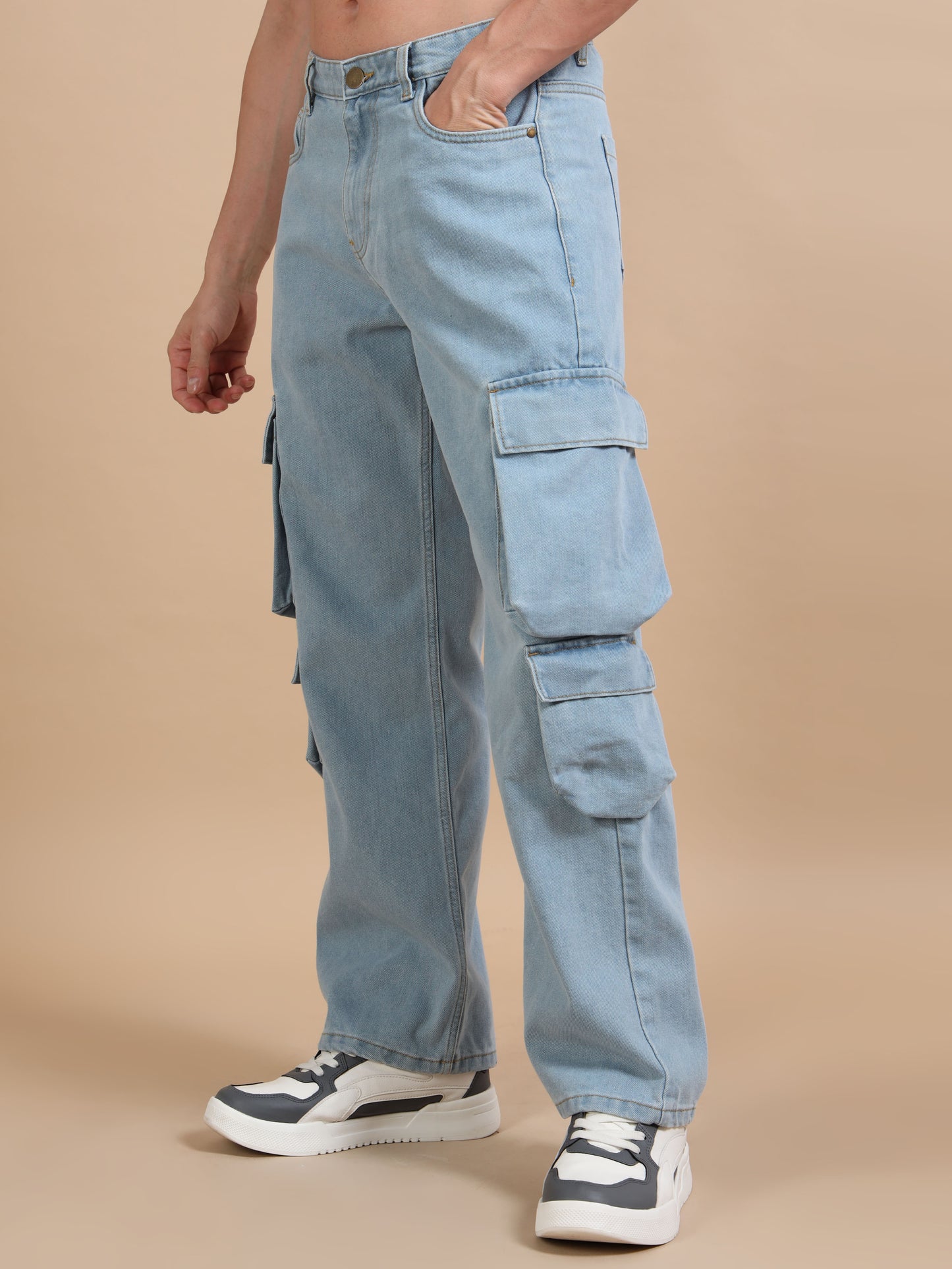 Light Blue 8-Pocket Denim Relaxed Fit Cargo Pants