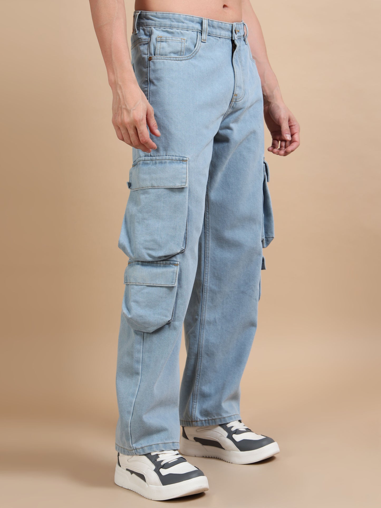 Light Blue 8-Pocket Denim Relaxed Fit Cargo Pants