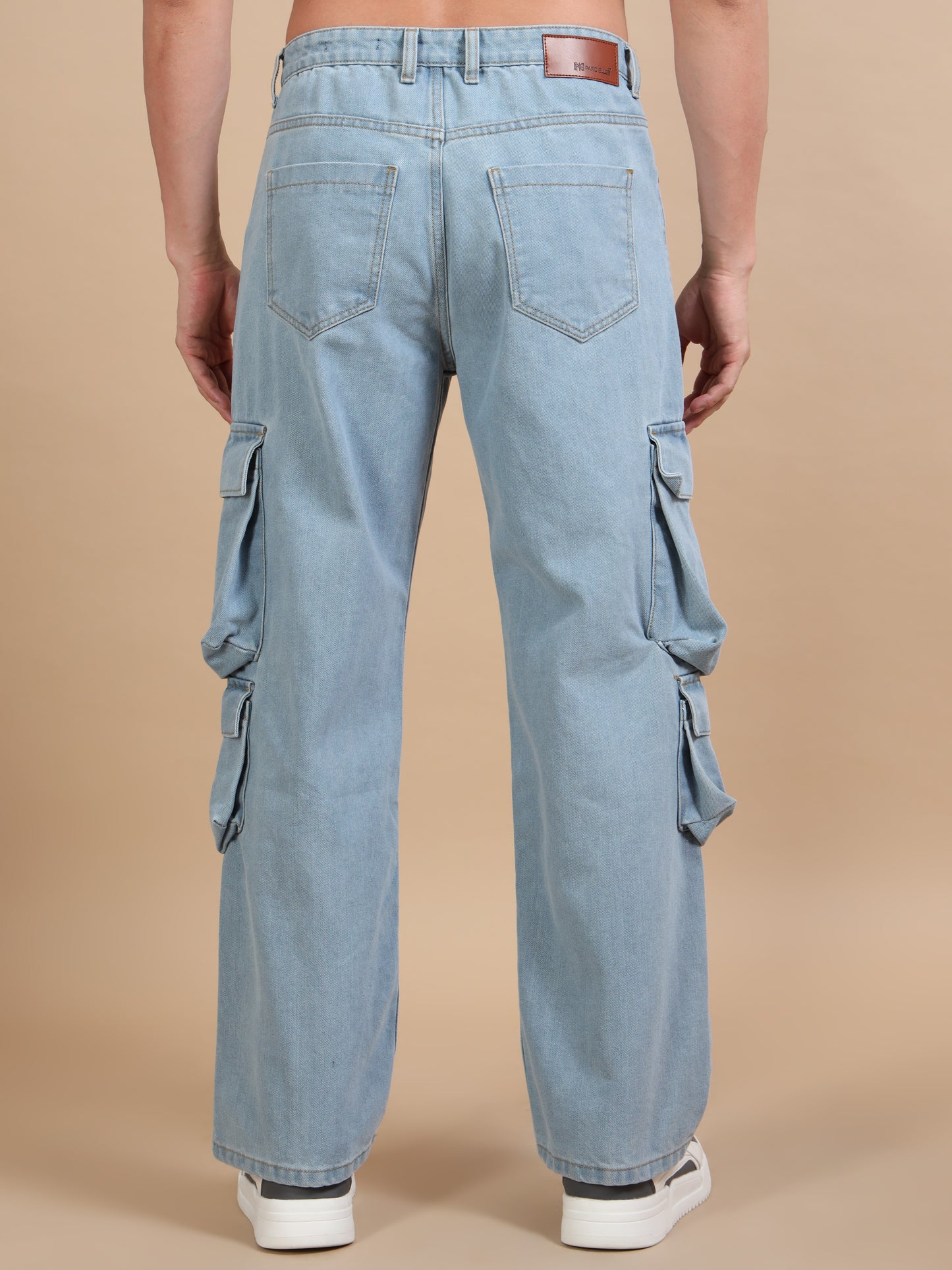 Light Blue 8-Pocket Denim Relaxed Fit Cargo Pants