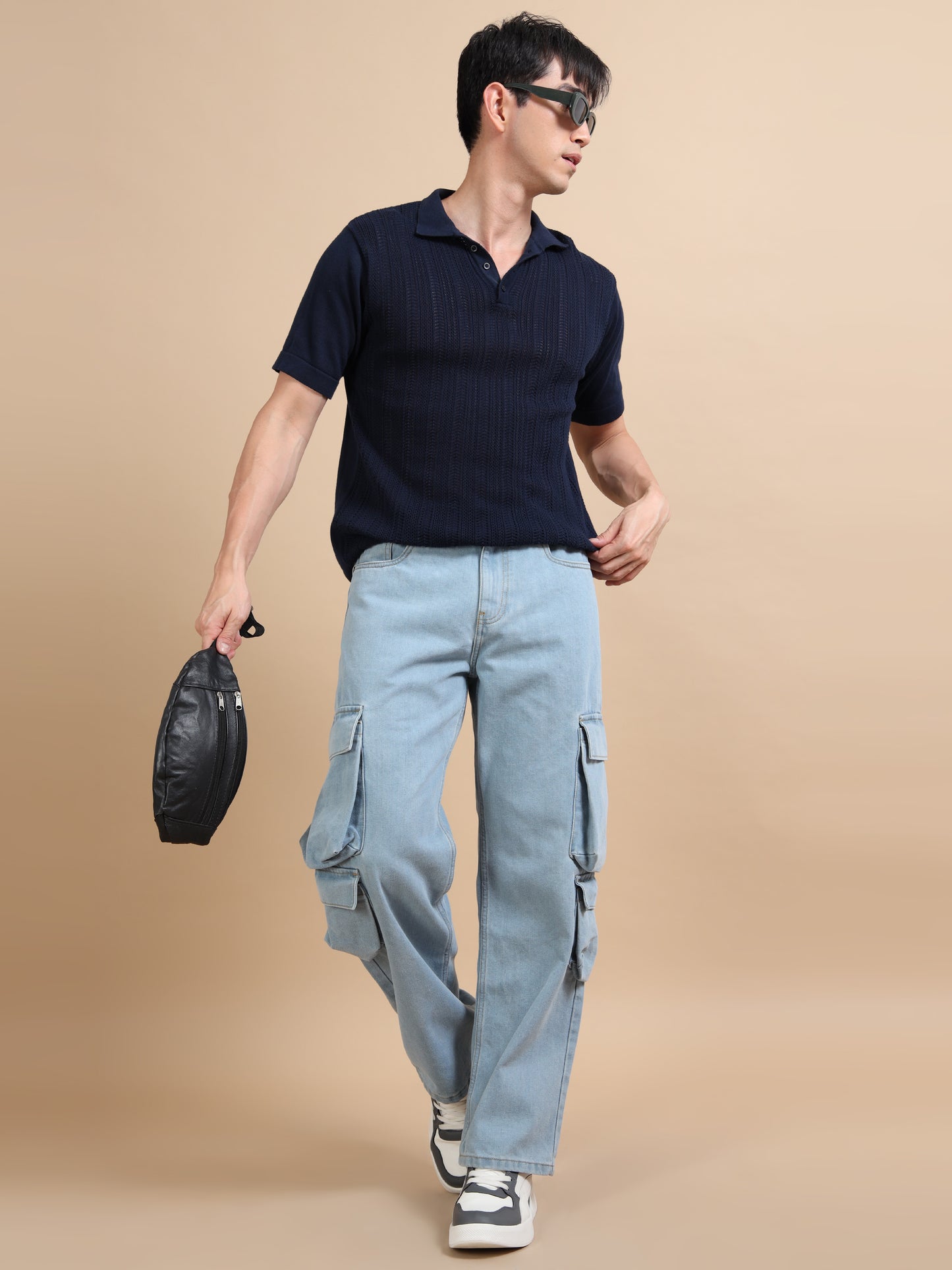 Light Blue 8-Pocket Denim Relaxed Fit Cargo Pants