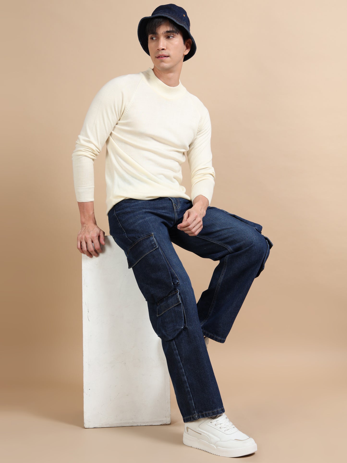 Dark Blue 8-Pocket Denim Jeans Cargo Pants for Men