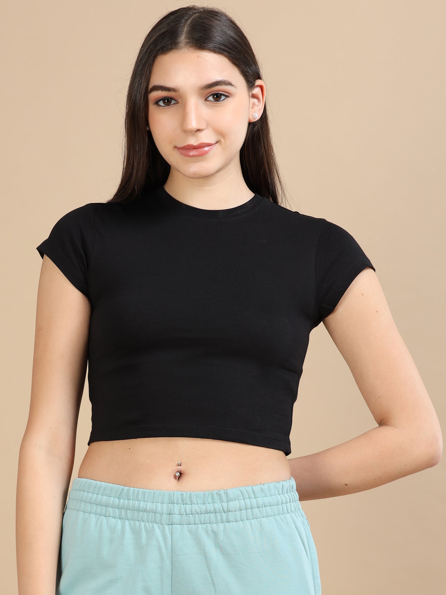 Crew Neck Black Crop T Shirt for Women