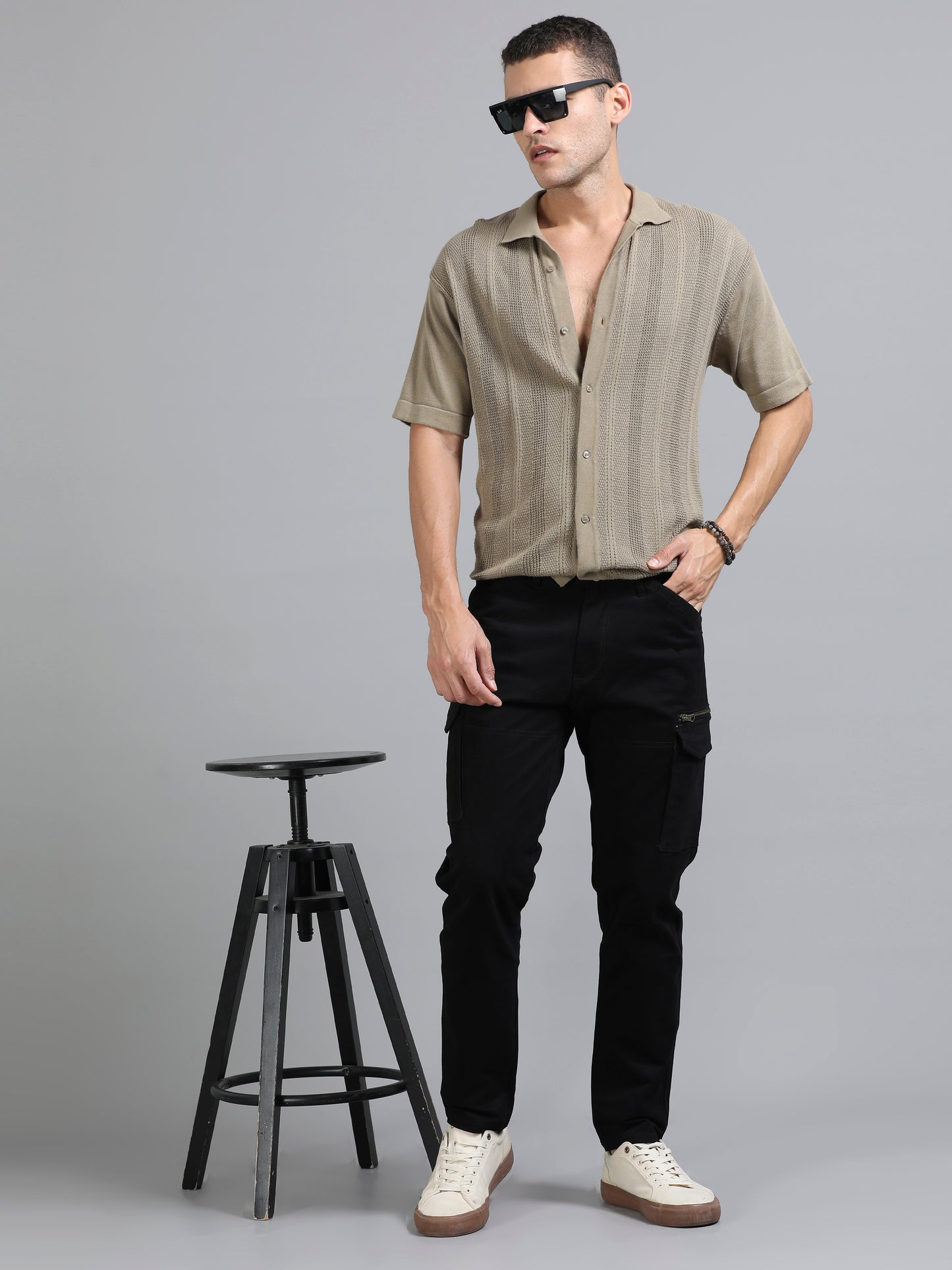 Cotton Lycra Shadow Lock Mens Black Cargos