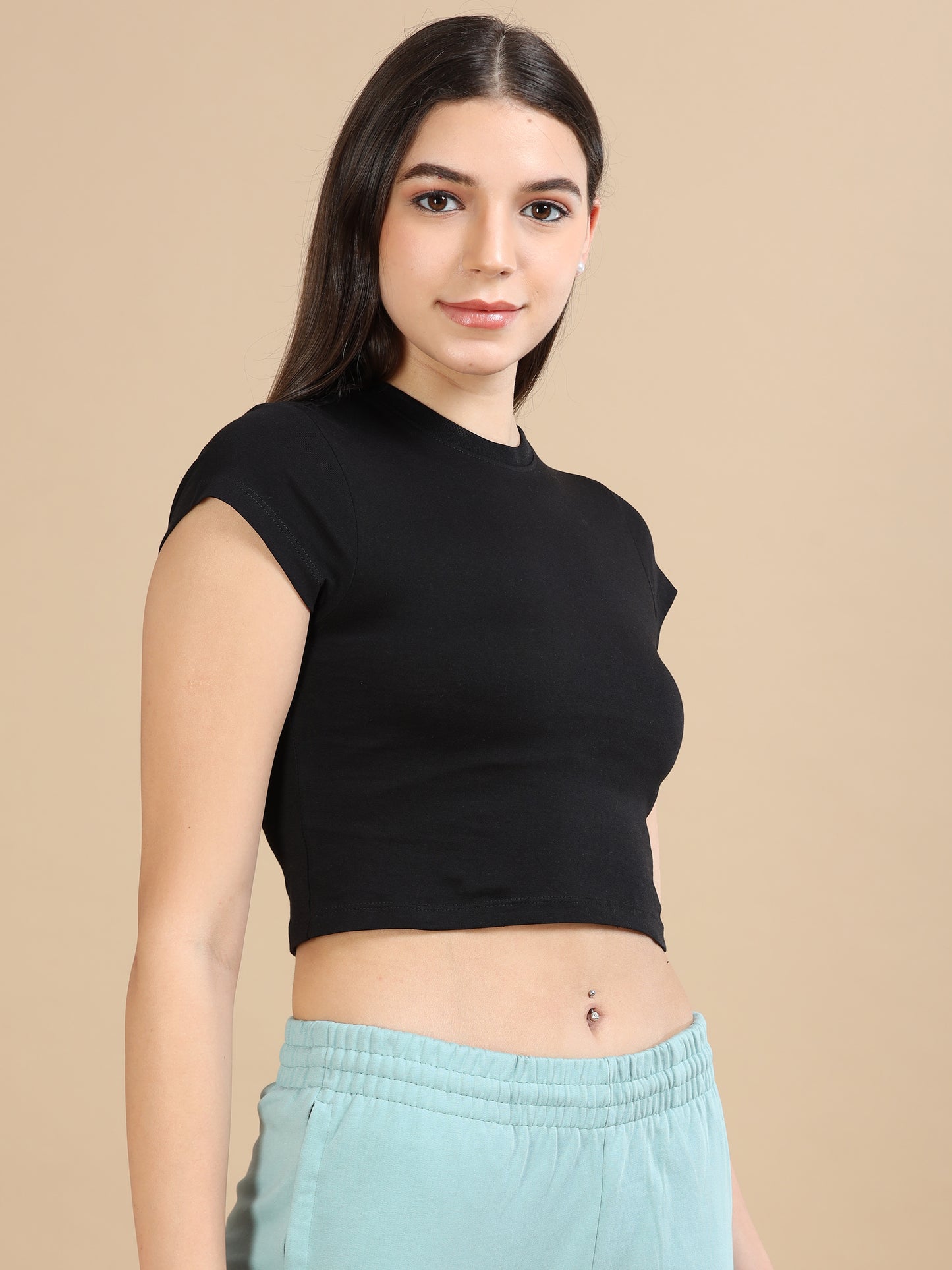Crew Neck Black Crop T Shirt for Women