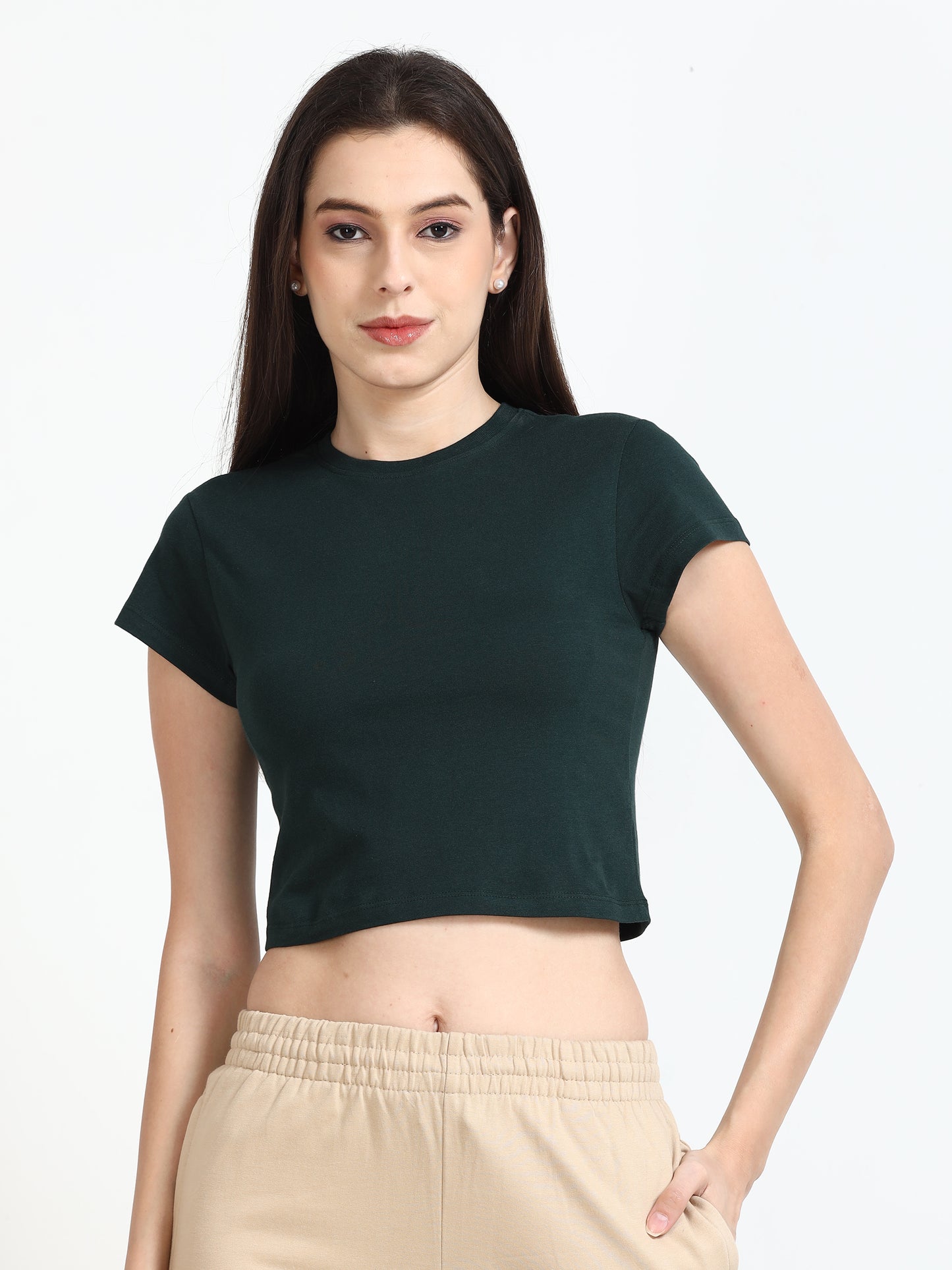 Crew Neck Dark Green Crop Top for Women
