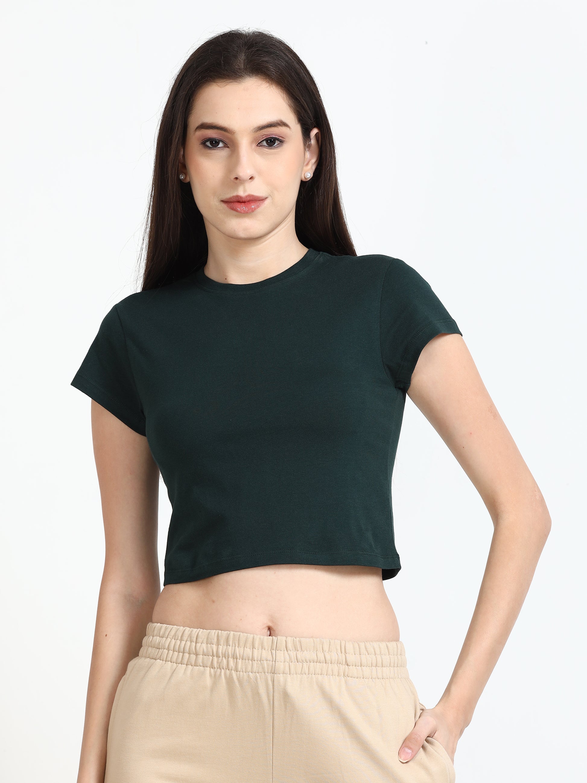 Crew Neck Dark Green Crop Top for Women