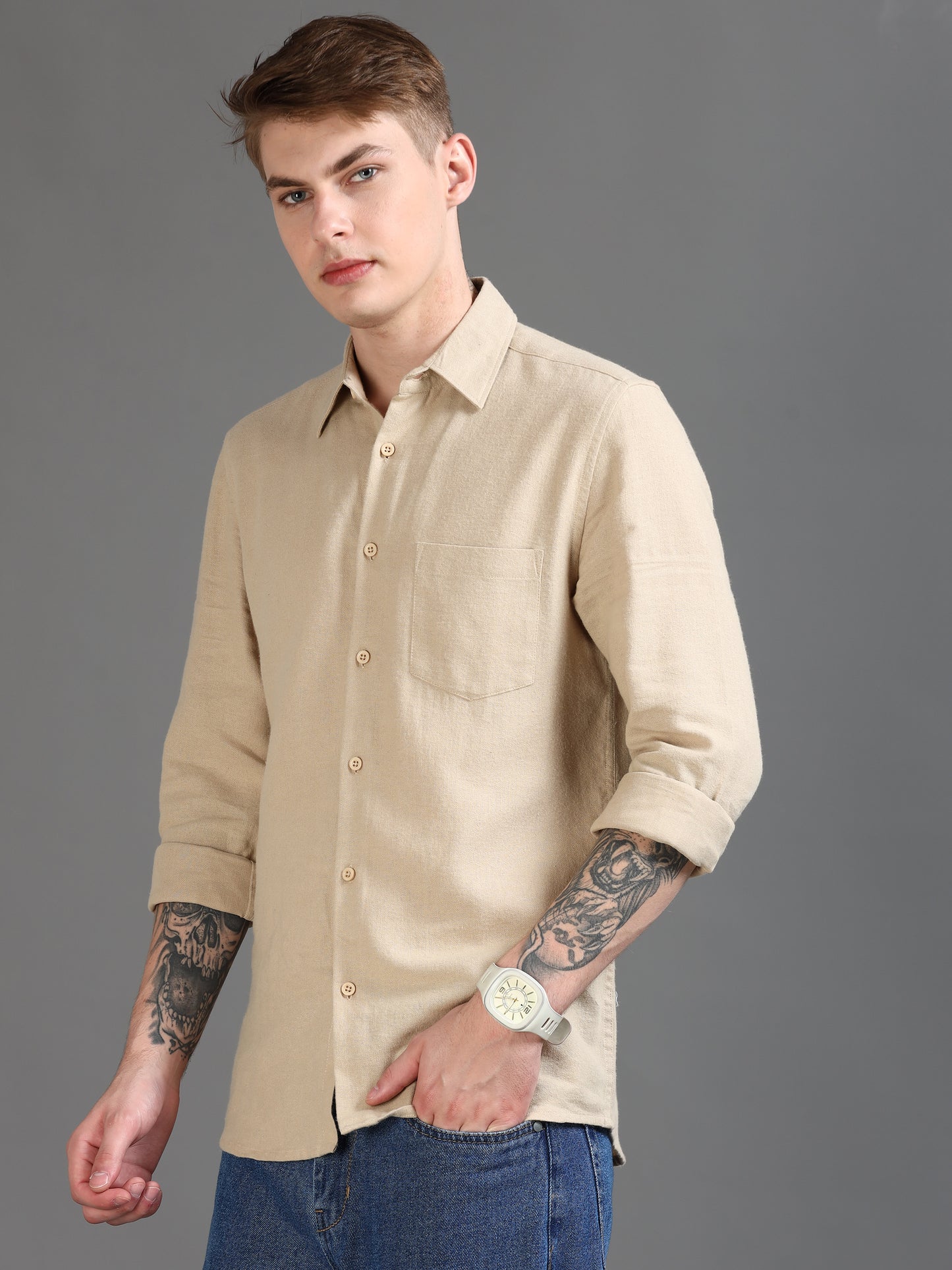 Classic Solid Men's Beige Shirt