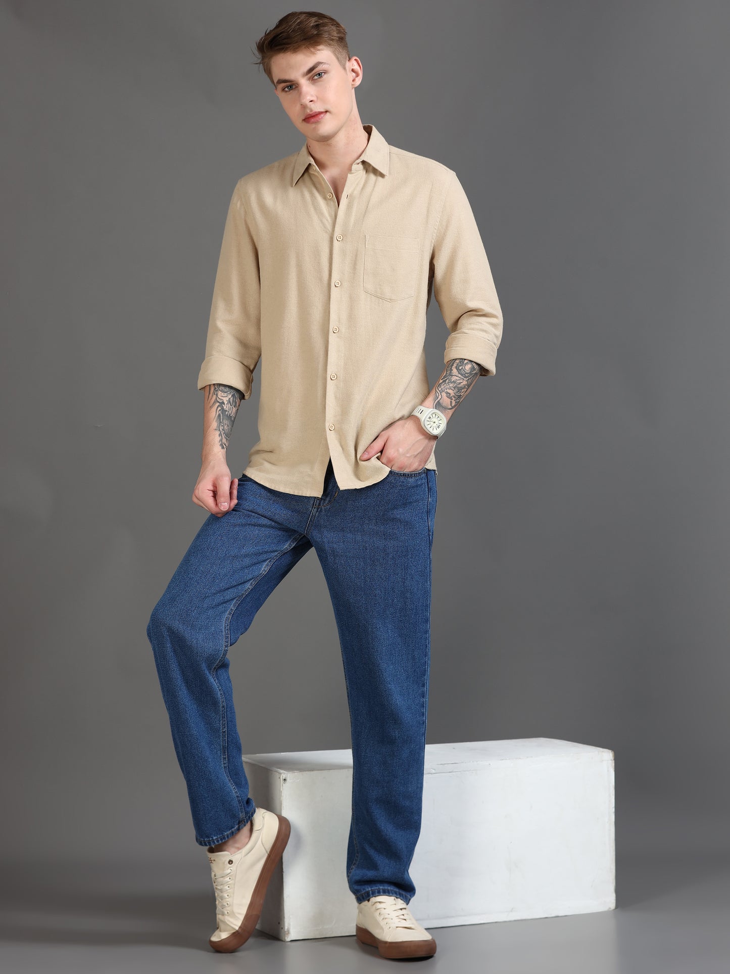 Classic Solid Men's Beige Shirt