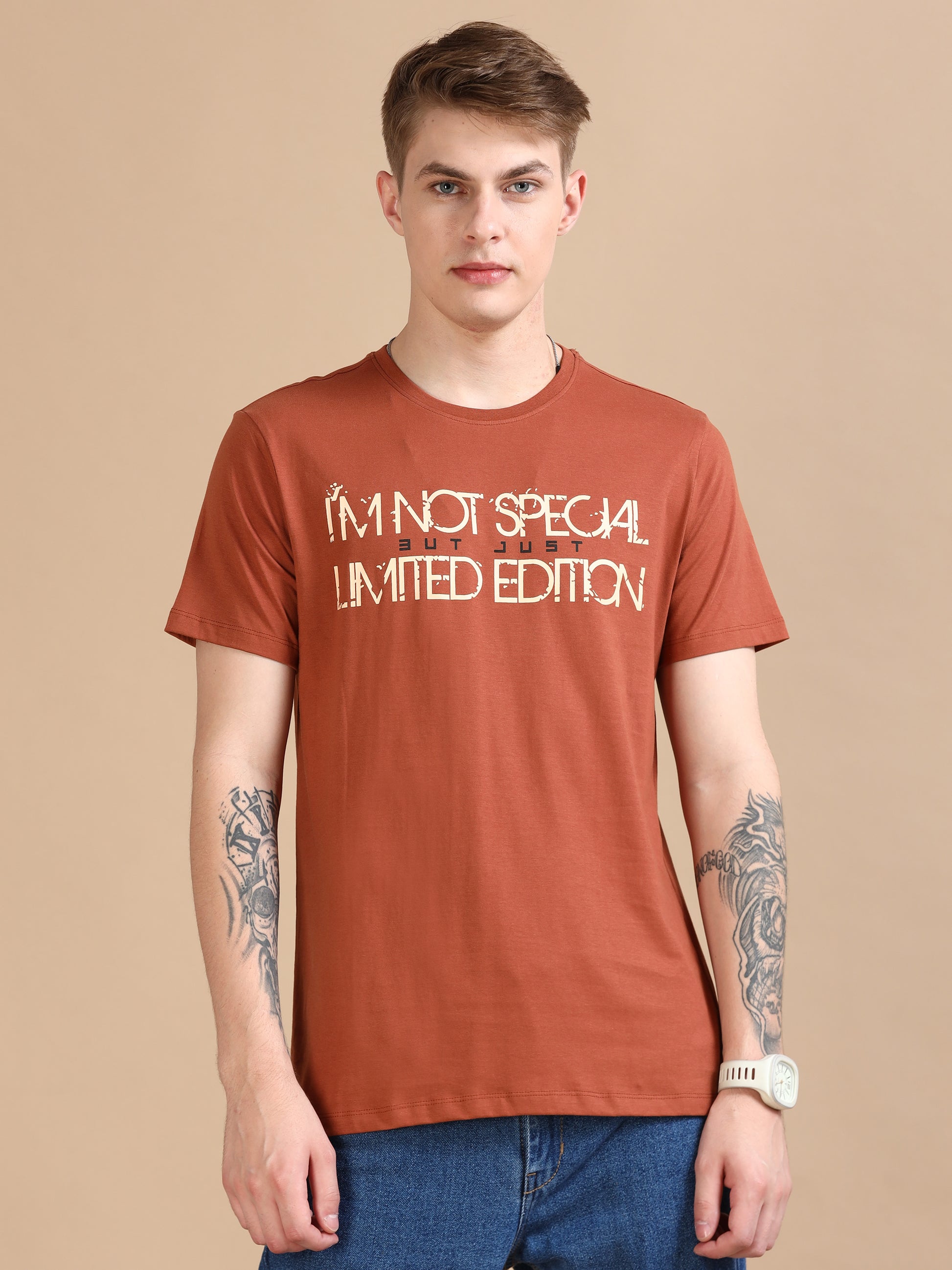 Orange colour printed t shirt for Men