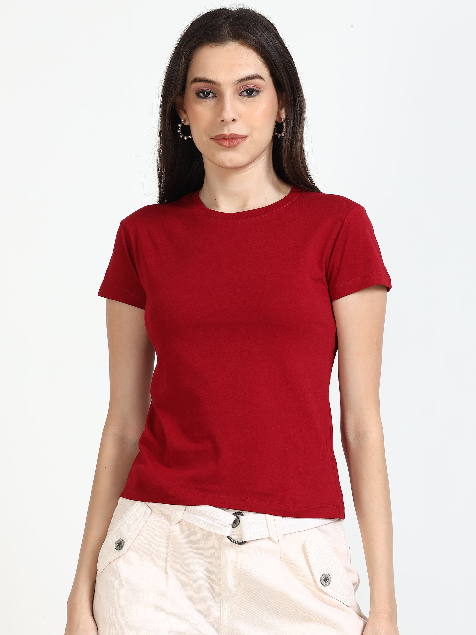Crew Neck Solid Women Red t Shirt