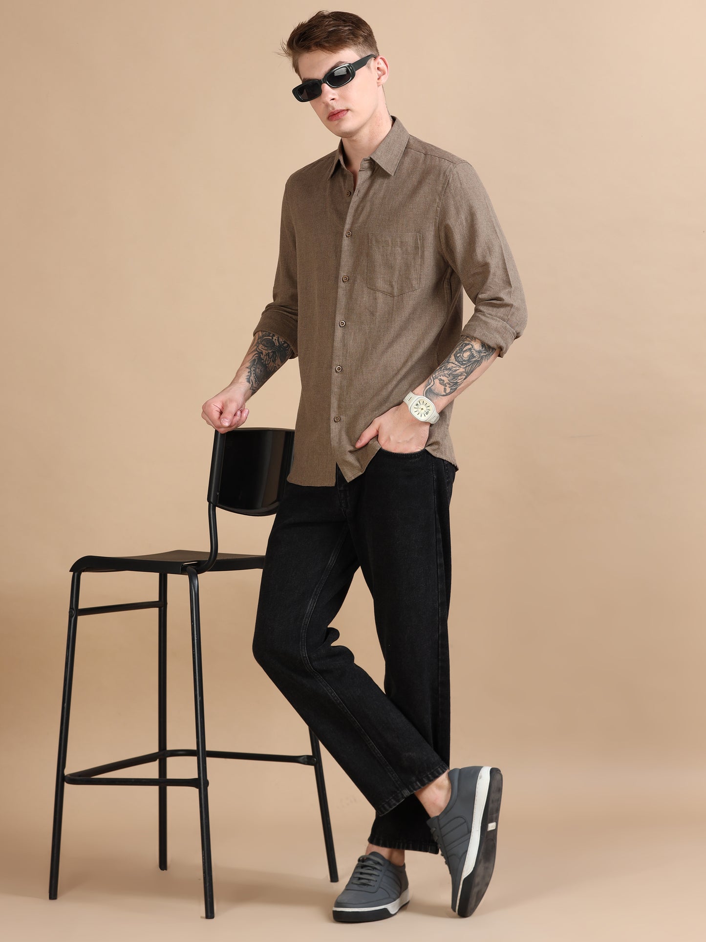 Classic Grey Brown Solid Shirt For Men