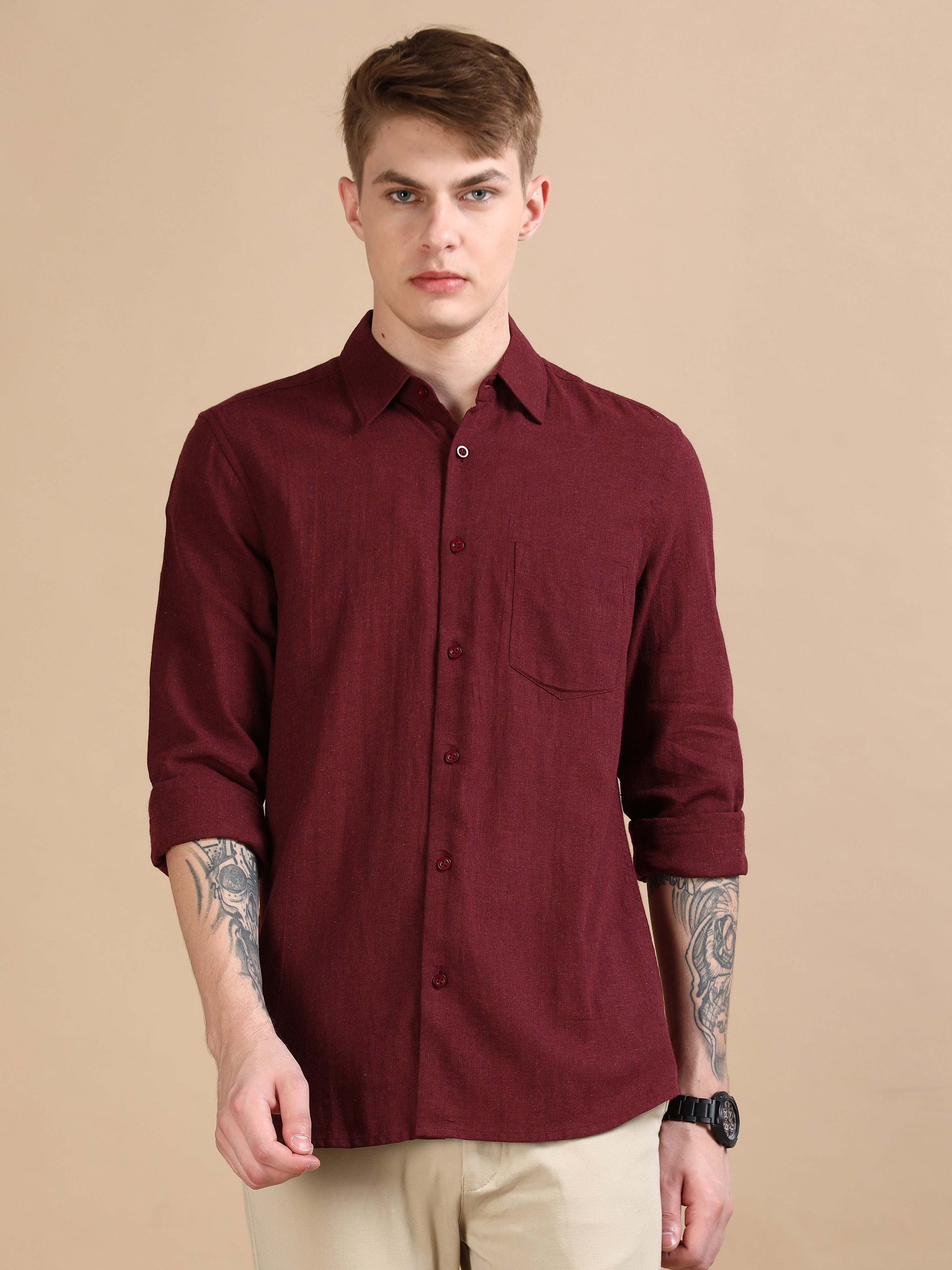Classic Grey Maroon Solid Colour Shirt For Men