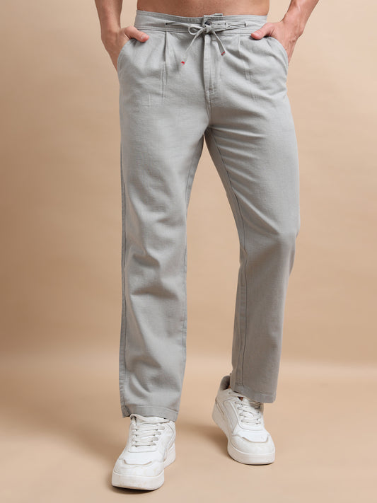 Natural Pleated Grey Trousers for Mens