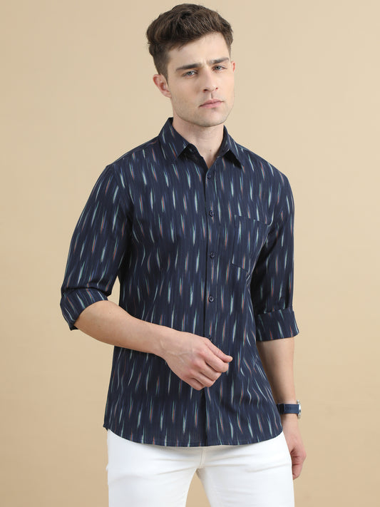 Ikat Design Navy Printed Shirt for Men