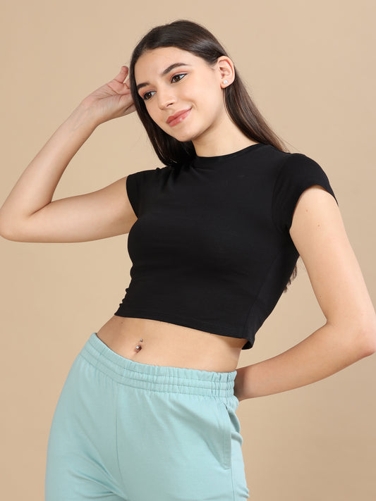 Crew Neck Black Crop T Shirt for Women
